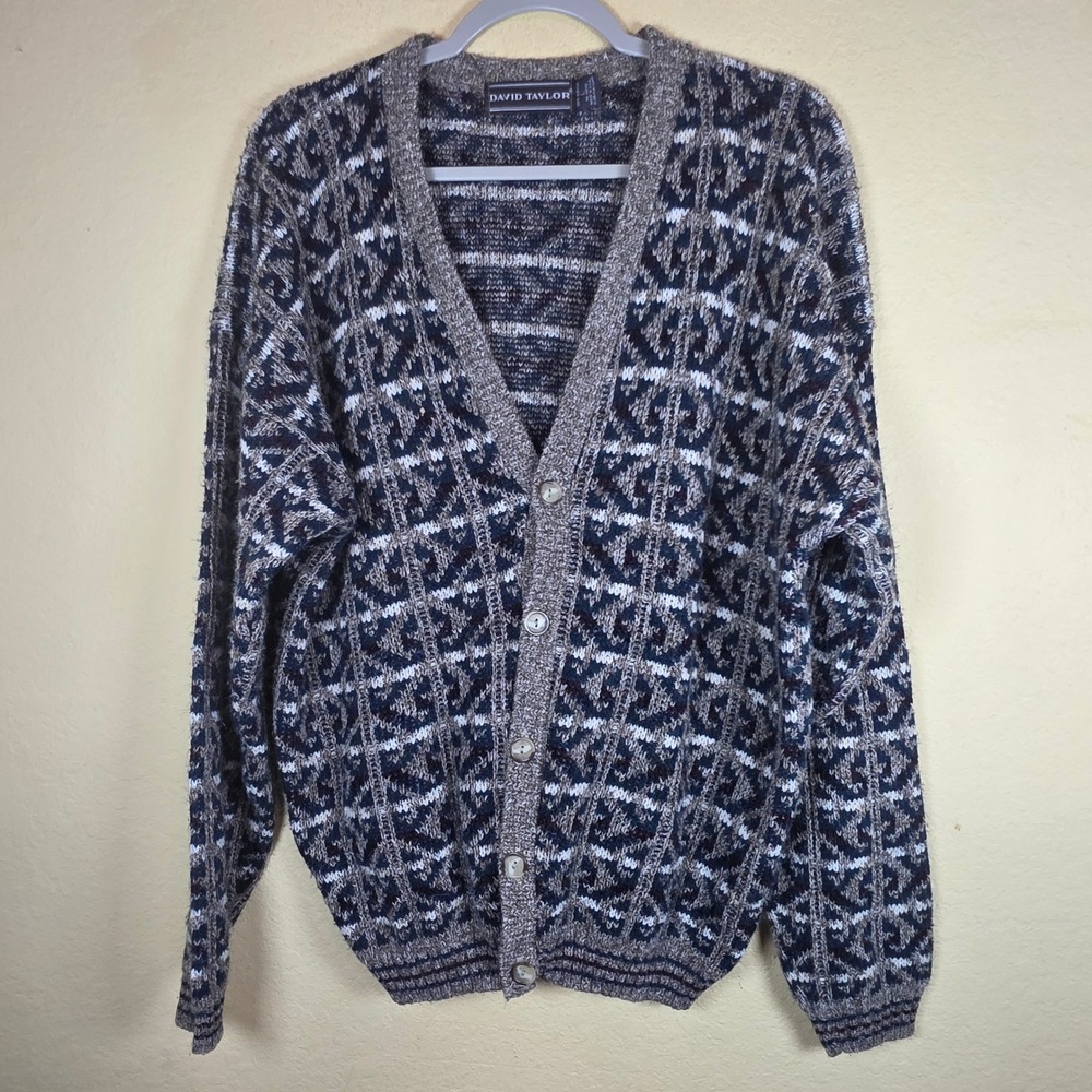 Vintage David Taylor Mens Large knit Cardigan Sweater Blue‎ Grey 80s 90s retro